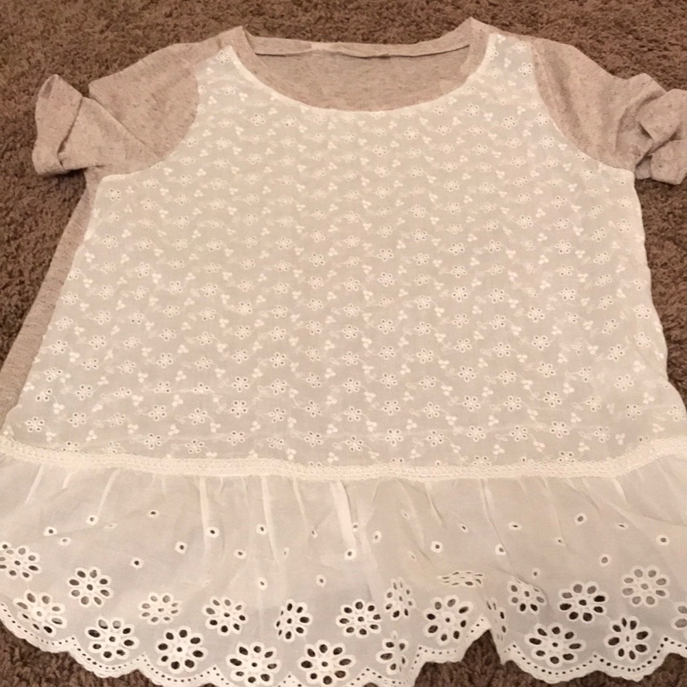 Boutique top with eyelet lace front